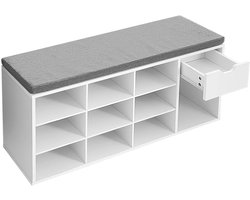 Schoenenkast opbergkast 104 x 30 x 48 cm, wit met 10 open opbergvakken, 1 lade en schoenenbank, stevig en duurzaam houten frame, comfortabele zachte zitkussen, geschikt voor entree, woonkamer en slaapkamer,