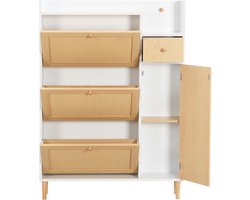 Schoenenkast / Opbergkast 125 cm - Zeer Smal Ontwerp (17 cm Diep) - Natuur/Wit & Rotan Deuren - Met Lade & Massief Houten Poten