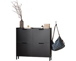 Schoenenkast - Opbergkast - 4 Vlakken - Zwart - Smalle kast - Wandkast - Effen - 100x90x19cm - met Kantelbeveiliging
