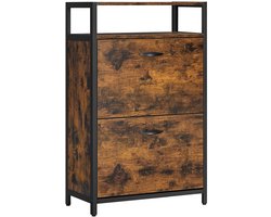 Schoenenkast, opbergkast, bijzetkast met 1 open compartiment en 2 kantelbare dubbele opberglagen, kan 8–12 paar schoenen opbergen, met een stevig en duurzaam metalen frame, geschikt voor gang, entree en slaapkamer. 60 x 30 x 95 cm, bruin + zwart.