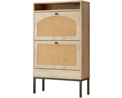 Schoenenkast opbergkast bijzetkast met 2 kantelbare dubbele opbergvakken, 1 open vak, met een modern, eenvoudig en stijlvol design, multifunctioneel en praktisch, stevig en duurzaam houten frame 59×22,5×103,5 cm naturel
