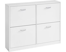 Schoenenkast, opbergkast, bijzetkast met 4 verstelbare dubbeldeks kantelvakken, geschikt voor 16-28 paar schoenen, stevig en duurzaam houten frame, geschikt voor gang, entree en slaapkamer, 24 x 105,5 x 82,7 cm, wit.