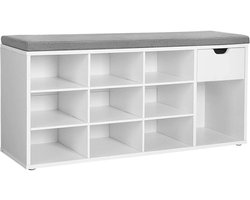 Schoenenkast opbergkast met 10 open opbergvakken, 1 lade en schoenenbank, stevig en duurzaam houten frame, comfortabele zachte zitkussen, geschikt voor entree, woonkamer en slaapkamer, 104 x 30 x 48 cm, wit.