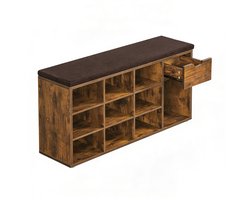 Schoenenkast opbergkast met 10 open opbergvakken, 1 lade en schoenenbank, stevig en duurzaam houten frame, comfortabele zachte zitkussen, geschikt voor entree, woonkamer en slaapkamer, 104 x 30 x 48 cm, bruin