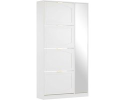 Schoenenkast Opbergkast met veilige kantelbeveiliging, verstelbare plank, 4 dubbele omwisselbare opbergvakken en spiegel, robuuste frame, eenvoudig schoon te maken en te installeren, 80×147×24 cm wit, geschikt voor gang en hal