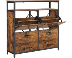Schoenenkast Opbergkast Multifunctioneel opbergmeubel met 4 klapdeuren en 2 open opbergvakken Geschikt voor 12-20 paar schoenen Voor hal en slaapkamer 98,3 x 30 x 95 cm Bruin en zwart