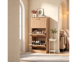 Schoenenkast Rotan – Schoenenrek met 3 Kleppen en Opbergplank – 60x24x113 cm – Smalle Halmeubel Houtlook – Naturel