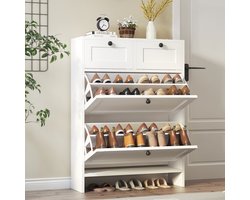 Schoenenkast - Schoenenkast met 2 Klapdeuren en 2 Opberglades - Smalle Schoenenkast met Verstelbare Planken - 80X24X110CM