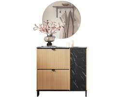 Schoenenkast - schoenenrek - 2 lagen - Dressoirgarderobe -opbergkast- Modern - Schoenenopbergers - Zwart met marmer en hout