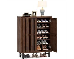 Schoenenkast – Schoenenrek – Opbergkast – Schoenenbank – Schoenenopberger – 6 Lagen – Metalen Constructie – Voor 24 Paar Schoenen – Verstelbare Legplanken – Ventilerende Lamellendeuren – Donkere Walnoot