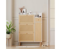 Schoenenkast – Schoenenrek – Schoenenbank – Schoenenopberger – Halmeubel – Hout met Rotan – Compact Formaat 90x125x17 cm – 3 Kantelbare Deuren + Lade
