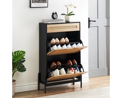 Schoenenkast – Schoenenrek – Schoenenopberger – Halmeubel – Schoenenbank – Natuurlijk Rattan – Opbergruimte voor 12 Paar Schoenen – Anti-Kantel Metalen Frame