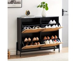 Schoenenkast – Schoenenrek – Schoenenopberger – Schoenenbank – Halmeubel – Vrijstaand – Natuurlijk Rotan – Metalen Frame – 4 Klapdeuren – Verstelbare Planken – Compact – Vintage Design