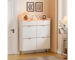 Schoenenkast – Schoenenrek – Schoenenopberger – Schoenenbank – Halmeubel – Wit – 4 Klepdeuren – Glazen Bovenblad – Ruimtebesparend – Massief Hout