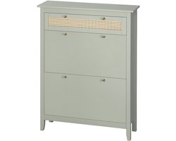 Schoenenkast – Schoenopberger – Schoenrek – Schoenmeubel – Opbergkast – Watergroen Boho Design – Rattan Look – 2 Klapdeuren – Verstelbare Planken – Lade – Compact 88x30x120 cm – MDF & PP Rattan