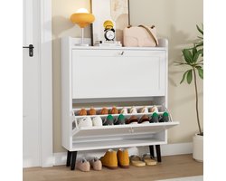 Schoenenkast - Schoenopbergkast met 2 Klaplades - Schoenenkast met Open Opbergruimte en Kristallen Handgreep - Smalle Schoenrek Organizer - 80X24X100CM