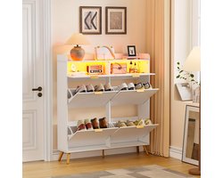 Schoenenkast – Schoenrek – Schoenenopberger – Halmeubel – Schoenenkastje – Wit – 4 Klepdeurtjes – Glazen Blad – 117x106x24 cm – Ruimtebesparend – Met Lade