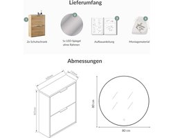 Schoenenkast set smal 2x – Hal meubel met LED spiegel 80 cm & verlichting (2 lichtstanden) – smalle schoenenkast 60 x 23 x 80,5 cm – goud eiken – schoenen opbergkast met 2 kleppen & 4 vakken – ruimtebesparende garderobekast
