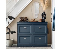 Schoenenkast Smal 104 x 24 x 83 cm - Halmeubel met 4 Kleppen, Lade en Haken - Schoenenrek voor 16 Paar Schoenen - Blauwe Commode Opbergkast - Yesdeals
