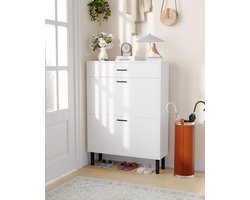 Schoenenkast Smal 3 Lagen - 80x25x110cm - Schoenenrek - Schoenenmeubel Hal - 2 Kleppen en 1 Lade - Metalen Poten - Minimalistisch - Voor Hal En Woonkamer - Wit