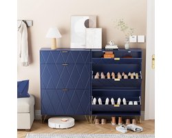 Schoenenkast Smal Blauw – HomeByNicole Halmeubel met 2 Kleppen en Lade, 16 Paar Schoenen, Modern Design, Ruimtebesparend, Anti-Kantel, MDF + Metalen Poten, Opbergruimte voor Hal en Woonkamer