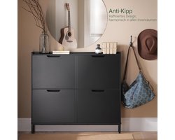 Schoenenkast Smal Industrialhome – Hoge Smalle Schoenenopberger met 4 Kleppen, Ruimtebesparend Schoenenrek voor Hal en Entree, MDF Zwart, Kinderveilig & Modulair (100 x 19 x 91 cm)