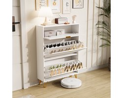 Schoenenkast van hout - Gouden handgrepen - Valwerende afwerking - Schoenenrek met 3 deuren en 5 niveaus - Eenvoudig verticaal strepenontwerp - 80x24x118 cm - Multifunctionele opbergruimte - Wit