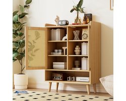 Schoenenkast van natuurlijk rotan, schoenenrek met 2 deuren en 5 planken, voor in de gang. Met houten handgrepen en massief houten poten. Afmetingen: B80/H105/D35 cm