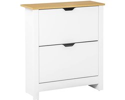 Schoenenkast voor 12 paar - smalle opbergkast met opklapbare laden en verstelbare planken, moderne stijl, voor hal of entree, 72 x 26 x 80 cm, wit en eiken
