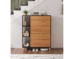 Schoenenkast - Zwarte schoenenkast - Houten schoenenkast met twee deuren en één lade, voorzien van een uittrekbaar opbergrek, geschikt voor de hal, gang en woonkamer