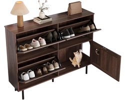 Schoenenkastje – Schoenenmeubel – Schoenenrek – Schoenenopberger – Schoenenkast – Smal Design – Notenhout Look – 3 Kantelbare Compartimenten – Met Metalen Poten – 120 cm Breed