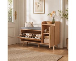 Schoenenopbergbank - Entreebank Halbank - Ruimte Organiseren - Rotan en Houtnerf - 100 x 70 x 30 cm - Natuurlijk