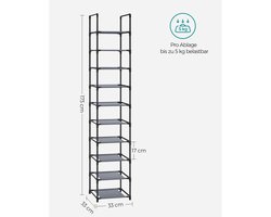 Schoenenrek 10 Lagen Metaal met Fleece Planken – Smalle Open Schoenenkast 33x33x173 cm – Ruimtebesparende Schoenenopberger voor Hal, Slaapkamer of Gang – Grijs – Industrialhome