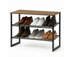 Schoenenrek 3 Lagen – Modern Industrieel Schoenenkast – Hout & Metaal - 64x30x52cm - Zwart/Bruin
