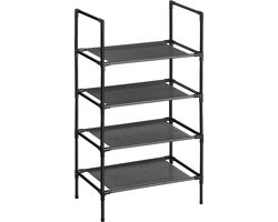 Schoenenrek, 4 niveaus, schoenenrek, schoenenopberger, smal, 28 x 45 x 80 cm, metalen frame, planken van vliesstof, voor hal, slaapkamer, zwart LSR004B02