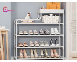 Schoenenrek 5 Lagen Wit – Metalen Schoenenkast Organizer met Stoffen Planken – schoenenkast – schoenenrek metaal – schoenen rek – 73019