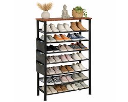 Schoenenrek 8 Lagen - Schoenenkast - Open Schoenenkast verstelbaar - Opbergrek - Hout & Metaal - voor 24-32 paar schoenen - Bruin Zwart - 75 x 30 x 137 cm