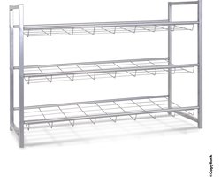 Schoenenrek – Aluminiumkleurig staal, 3 lagen – Stapelbaar heavy-duty ontwerp – 60 cm hoog, 70 cm breed, 30 cm diep