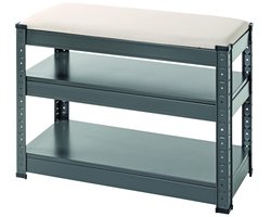 Schoenenrek – Antraciet staal met grijze kunstleren zitting – Voor 8 paar schoenen – 47 cm hoog, 60 cm breed, 28 cm diep