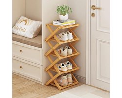 Schoenenrek Bamboe - Opbergplank - Schoenen Opbergen - Opvouwbaar Ontwerp - 5 Lagen - Houtkleur
