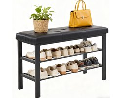 Schoenenrek en wisselbank met leren zitting – Dubbele schoenenopslag – 80 × 30 × 50 cm – Halbank / Zitbank – Zwart