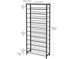 Schoenenrek hoog, schoenenopbergorganizer met grote capaciteit, schoenenrek met 12 niveaus voor 44-55 paar schoenen, 75 x 28,5 x 194,5 cm, verstelbare metalen planken, schoenenopbergunit