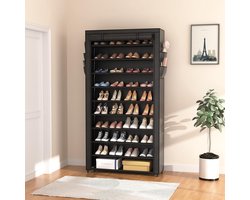 Schoenenrek met 10 niveaus, hoge schoenenkast, voor 50 paar schoenen, schoenenrek met metalen stofhoes, zwart, voor entree, woonkamer