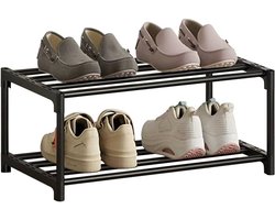 Schoenenrek met 2 niveaus, opslag, roestwerende coating, klein, slank, smal, stapelbaar, geschikt voor slaapzaal, huurhuis, balkon, zwart