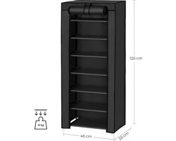 Schoenenrek met 7 niveaus en stoffen bekleding - Opbergkast kledingkast groot - Eenvoudige montage - Zwart - 46 x 28 x 126 cm Kledingkast