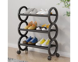 Schoenenrek op wieltjes, verrijdbare schoenenkast, 46 x 20 x 56 cm schoenenkast met drie lagen, geschikt voor alledaagse spullen, ideaal voor slaapkamerkasten, gangen of onder slaapkamerbureaus - Zwart