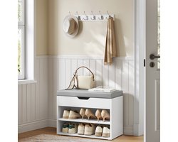 schoenenrek - schoenenkast - schoenenbank - Modern Witte Houten Schoenenbank met Gekussende Zitting & 3-Lagen Organizer - 30x60x44cm, Hardhout Frame en Spaanplaat Constructie
