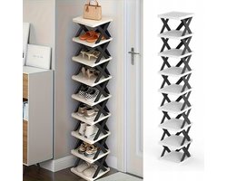 Schoenenrek Smal - Eenvoudig Schoenenrek - 9 Lagen Schoenenkast - Opbergen van Schoenen - 130x24x26 cm - Bespaar Ruimte - Demonteerbaar - Geen Gereedschap - Voor Kleine Appartementen & Hal & Slaapkamer - Zwart/Wit