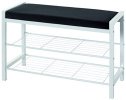 Schoenenrek – Stijlvolle zwarte fluwelen zitting – Wit gepoedercoat staal – Ruimte voor 6 paar schoenen – Comfortabel en stevig – 75x32x50 cm