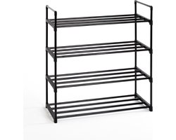 Schoenenrek – Zwart staal, 4 lagen – Modern ontwerp – 90 cm hoog, 70 cm breed, 30 cm diep